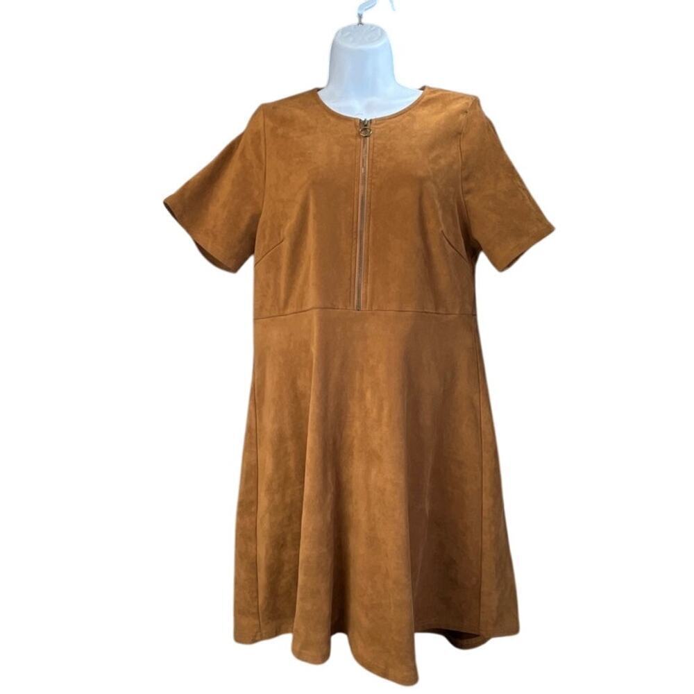 A Beautiful Soul Womens Tan Faux Suede Shift Dress Zipper Accent Office Wear